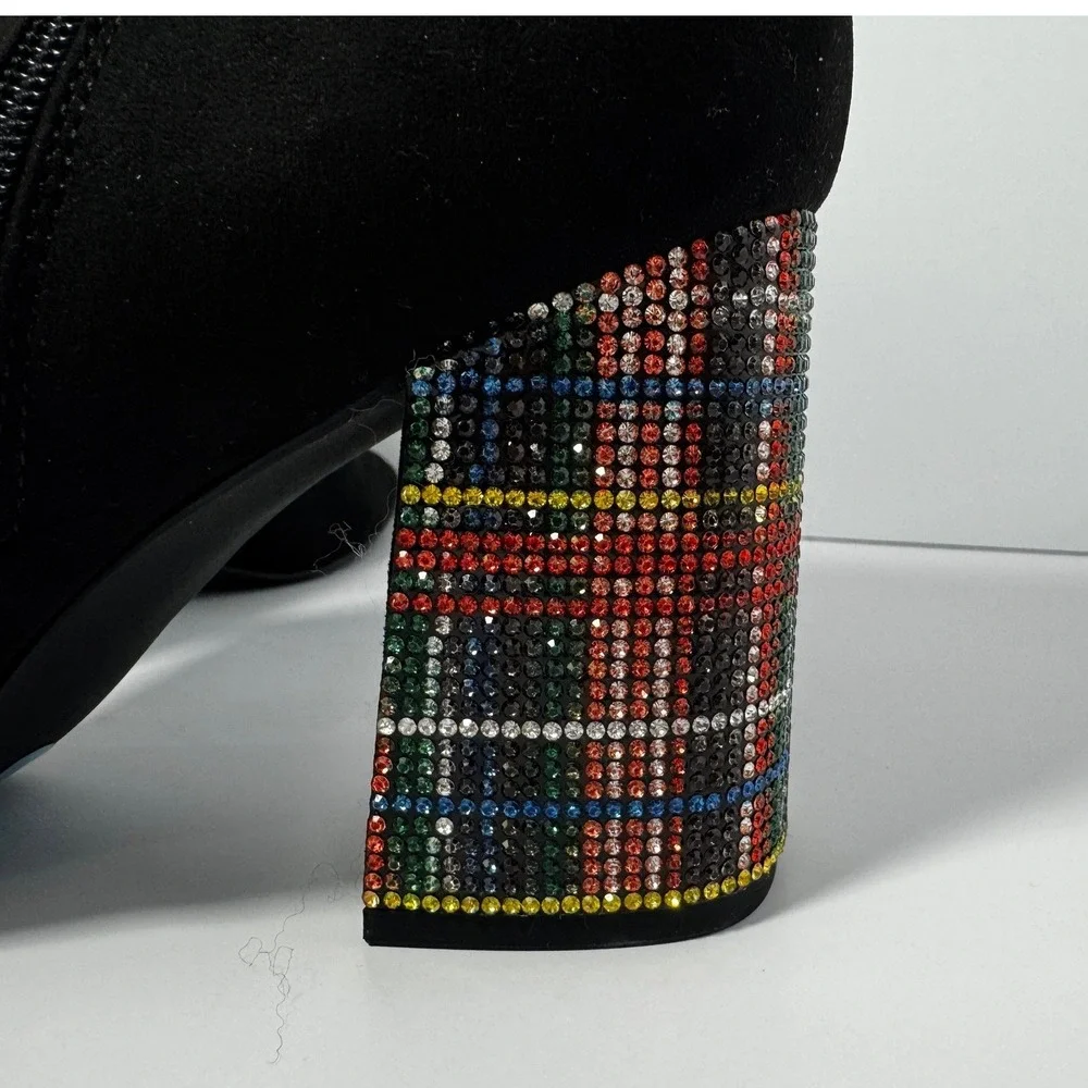 NWT Betsey Johnson Women's  Plaid Rhinestone Block Heel Black Ankle Boots 10